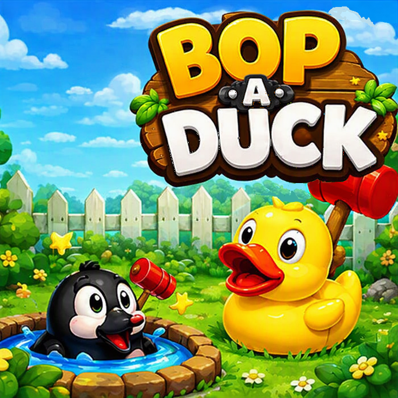 Bop A Duck: a yellow duck and a mole with red mallets in a garden